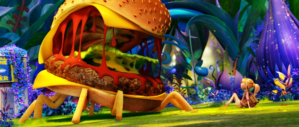 Sam (Anna Faris) gets a friendly welcome from a Cheespider in Sony Pictures Animation's CLOUDY WITH A CHANCE OF MEATBALLS 2.